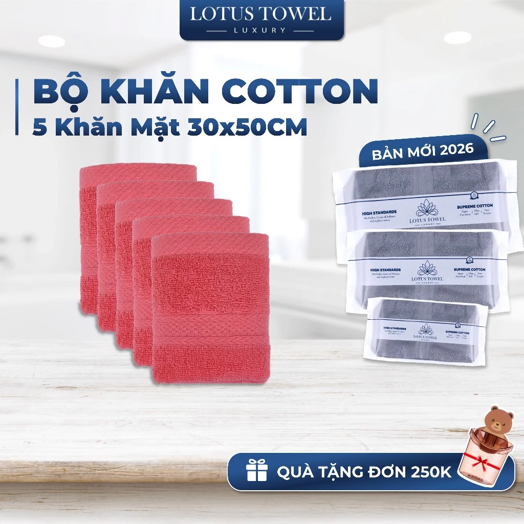 Bộ 5 Khăn Mặt 30x50cm LOTUSTOWEL, Hoàn Toàn Từ Cotton Tự Nhiên Mềm Mịn Thấm Hút Không Ra Màu Khi Giặt