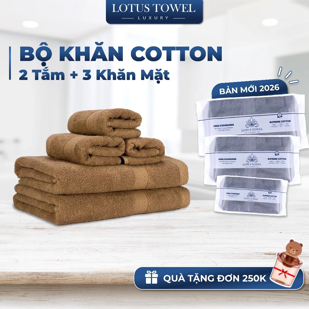 Bộ 5 khăn Lotus ( 2 khăn tắm + 3 khăn mặt ) hoàn toàn từ COTTON tự nhiên, siêu mềm mịn, thấm hút, dày dặn
