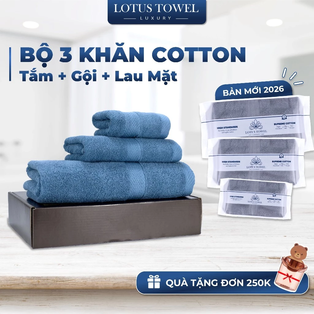 Bộ 3 Khăn (Tắm + Gội + Lau mặt) LOTUS Hoàn Toàn Từ Cotton Tự Nhiên, Mềm Mịm, Thấm Hút, Không Ra Màu