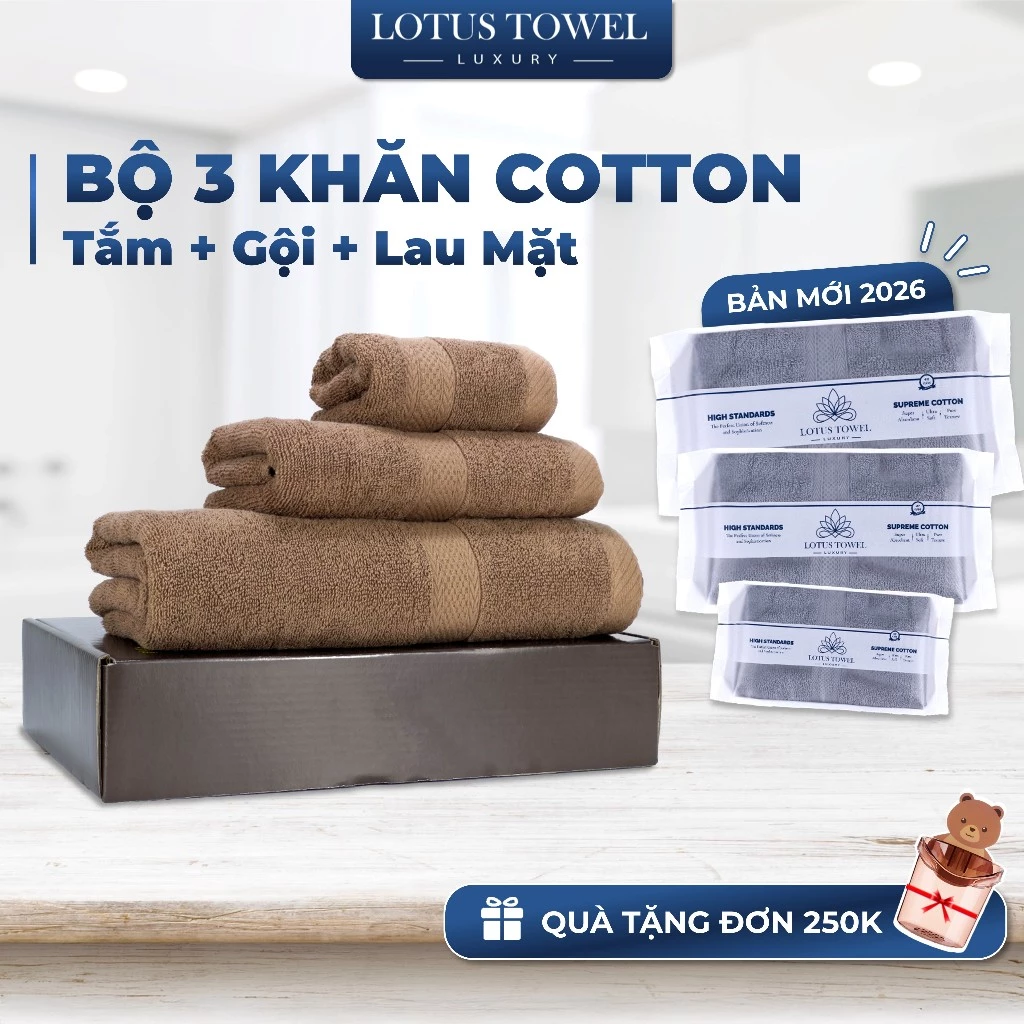 Bộ 3 Khăn Tắm, Gội, Lau mặt LOTUS Hoàn Toàn Từ Cotton Tự Nhiên, Mềm Mịm, Thấm Hút, Không Ra Màu