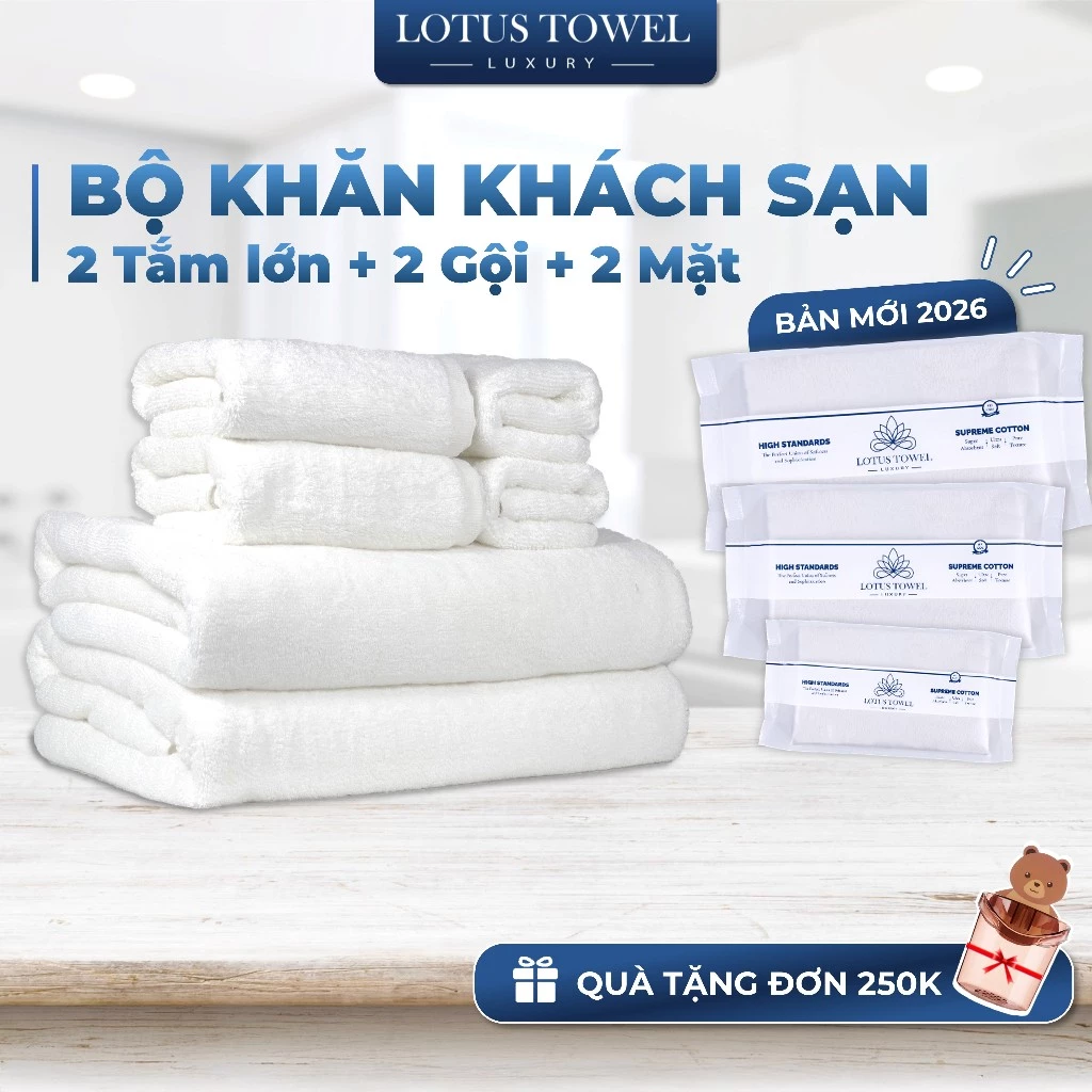 Bộ 6 Khăn Khách Sạn Lotus màu trắng cỡ lớn ( 2 khăn tắm cỡ 70x140cm) , Hoàn Toàn Từ Cotton Tự Nhiên, Mềm Mịn, Thấm Hút
