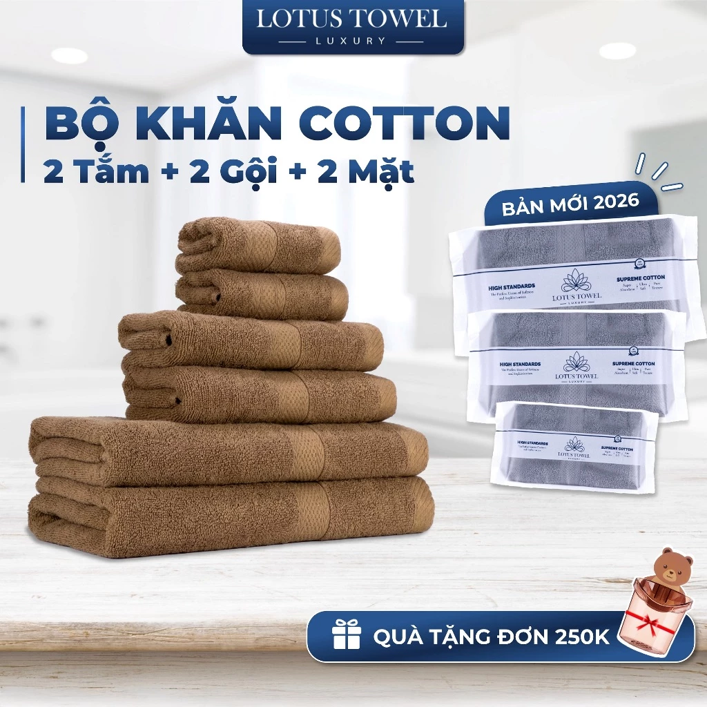 Bộ 6 Khăn LOTUSTOWEL ( 2 Khăn Tắm+ 2 Khăn Gội+ 2 Khăn Mặt ), 100% COTTON, siêu mềm mịn, thấm hút, dày dặn