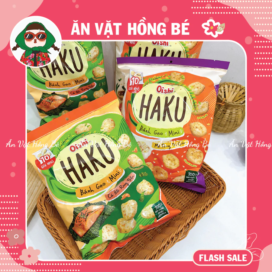 Bánh Gạo Nướng HAKU MINI Oishi Vị Cá Hồi & Vị Mè Rang Tỏi Giòn, đồ ăn vặt hot nhất