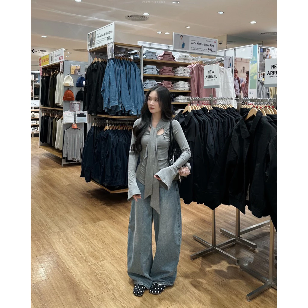[Steezy] Áo thun cotton dày co giãn nhún bèo cổ khăn tay loe form ôm, áo thun cách điệu thu đông cho nữ - P9575