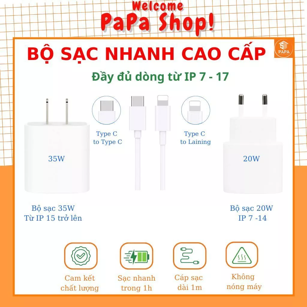 Bộ Sạc Nhanh PD 20W Cao Cấp, Không Nóng Máy, An Toàn, Ổn Định cho 7 8 Plus X XR Xs 11 12 13 14 15 16 17 Pro Max Air
