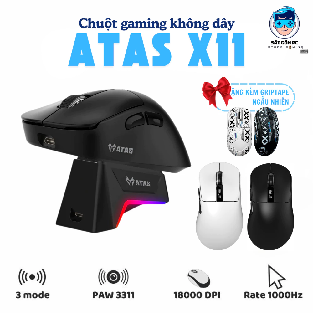Chuột gaming không dây ATAS X11 Pro - 3 mode - Mắt đọc PAW3311 -  Hỗ trợ App macro - Dock sạc - Màn hình TFT - DPI 24000