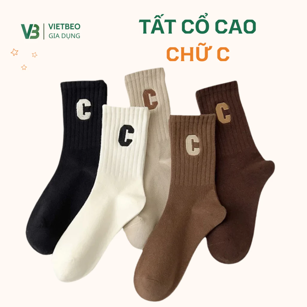 (Combo 10 Đôi) Tất Cổ Cao Nữ Họa Tiết Chữ C DIDOOGT Chất Liệu Cotton Co Giãn Thoáng Khí