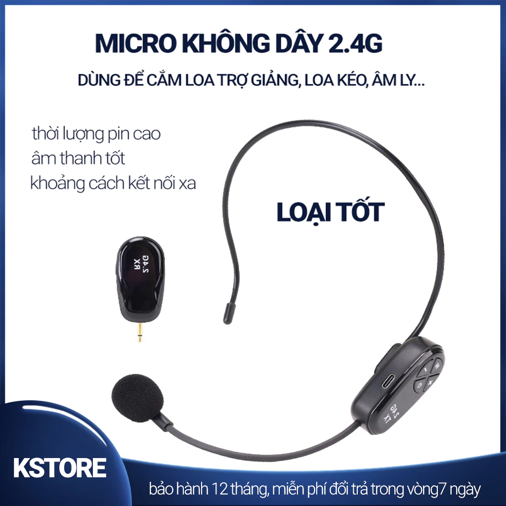 Micro không dây 2.4G dùng cho máy trợ giảng, loa kéo, âm ly, âm thanh tốt, thời lượng pin dài