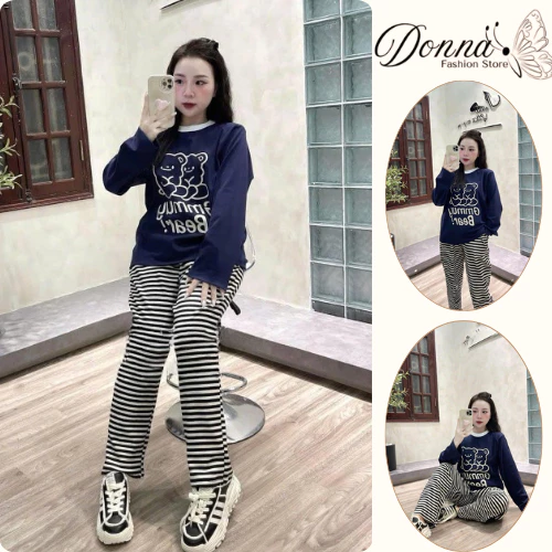 Set đồ nữ, đồ bộ nữ DONNA HCOM3390 thu đông áo in hình gấu dễ thương mix quần suông kẻ ngang