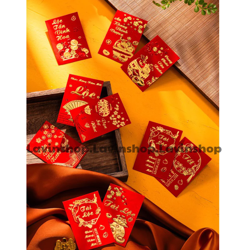 Bao lì xì mini chữ Việt trang trí Tết, bỏ đồng xu