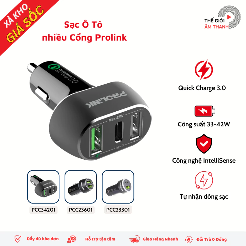 Sạc Ô Tô nhiều cổng Prolink, Công Suất 33W - 42W, Sạc Nhanh - THẾ GIỚI ÂM THANH