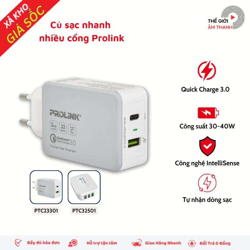 Sạc nhanh Prolink công suất 30W - 40W -  Củ sạc nhanh QC3.0 - Sạc nhanh Type C - THẾ GIỚI ÂM THANH