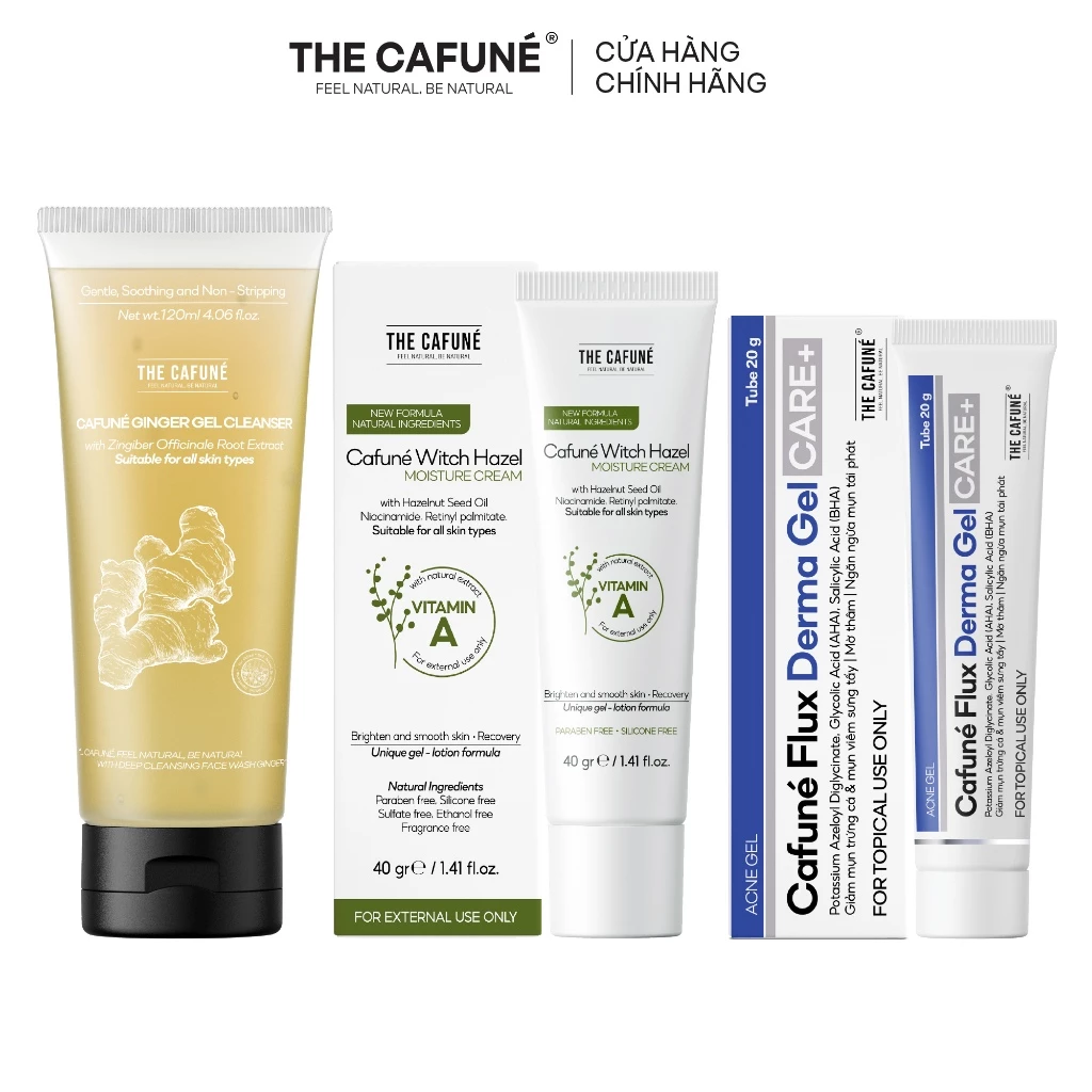 [COMBO GIẢM 42%] Combo 3 Bước Chăm Sóc Da Mụn Cafuné: Rửa Mặt Gừng + Gel Mụn Flux Derma + Kem Dưỡng Ẩm