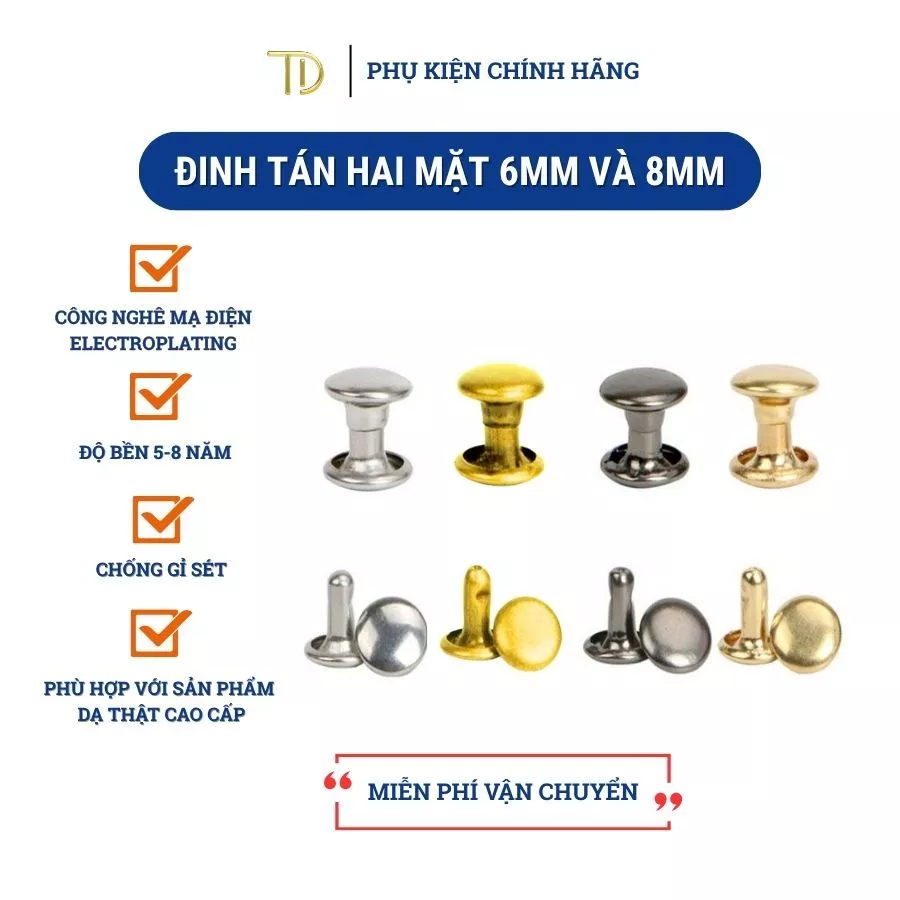 Set 10 đinh tán hai mặt túi xách cao cấp bền 5 năm không bay màu, đinh tán kim loại 6mm 8mm hai đầu