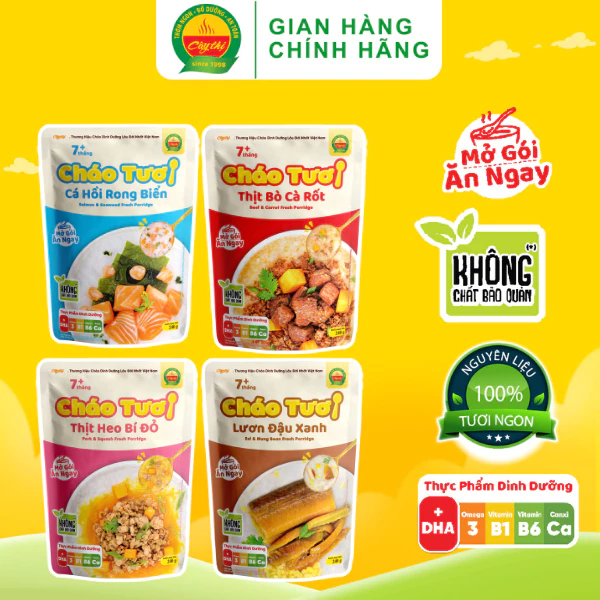 Combo 4 Gói Cháo Tươi Cây Thị Vị: Cá Hồi, Lươn Đậu Xanh, Thịt Bò, Thịt Heo