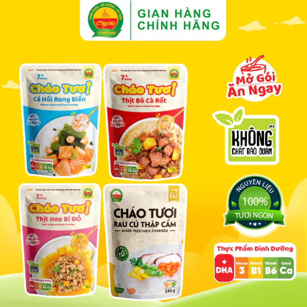 Combo 4 Gói Cháo Tươi Cây Thị Vị: Gà Ác Đậu Xanh, Cá Hồi, Rau Củ Thập Cẩm, Thịt Heo Bí Đỏ