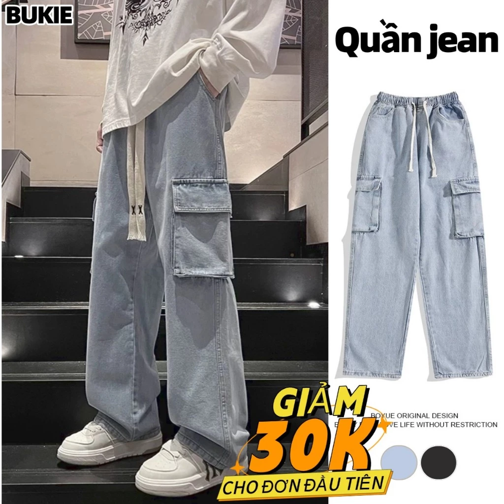BUKIE Quần jean nam ống suông quần túi hộp có dây rút chỉnh eo Nhiều Màu phong cách tối giản