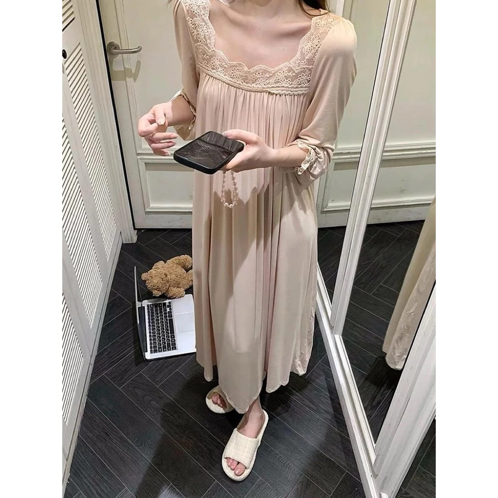[SẴN] 888_ Váy nữ mặc nhà form dài tay chất cotton nhung mịn cổ vuông màu hồng pastel | 9scat | Hàng QCCC