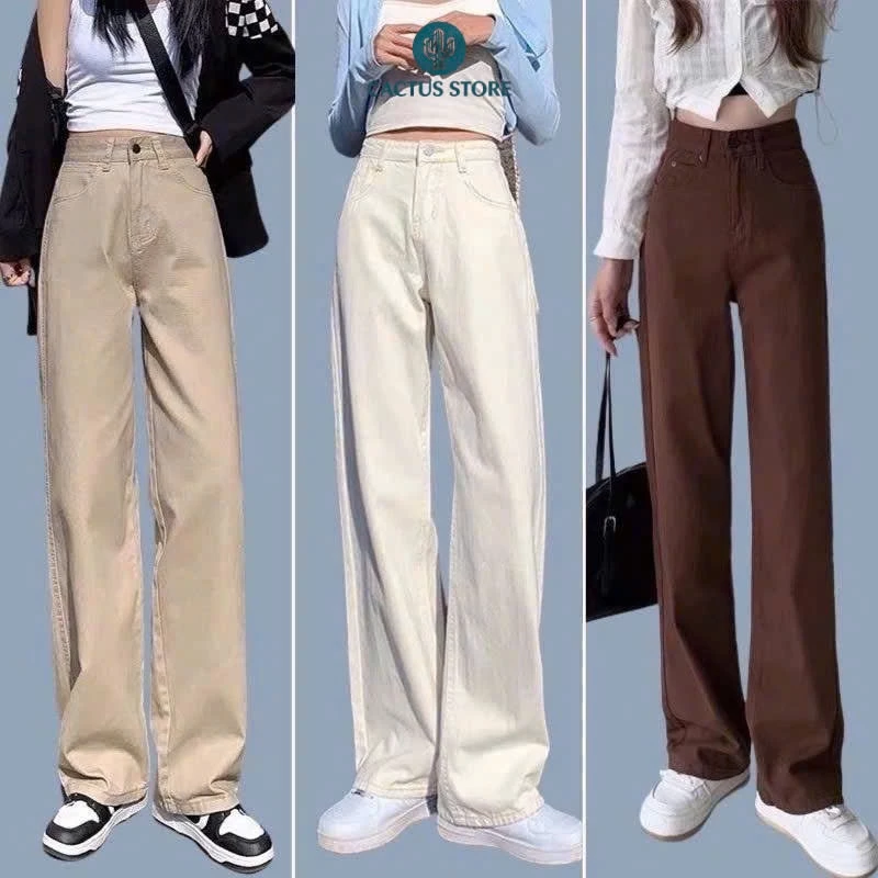 (M22) Quần Kaki Nữ Ống Rộng Lưng Cao Dáng Suông, Quần Kaki Jean Trơn Màu Kem Sang Chảnh Size S, M, L, XL
