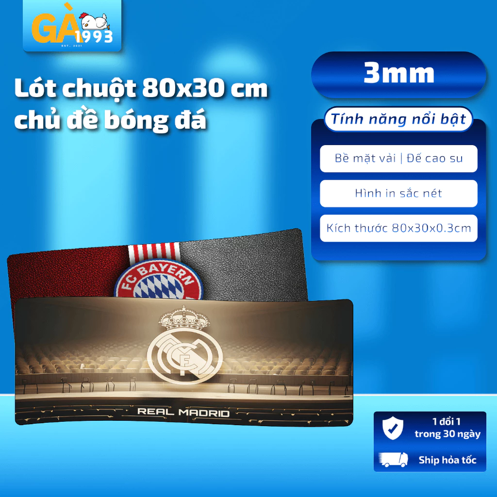 Lót chuột cỡ lớn 80x30cm, miếng lót chuột bàn phím hoạ tiết CLB bóng đá dày 3mm bo viền chắc chắn - BCD