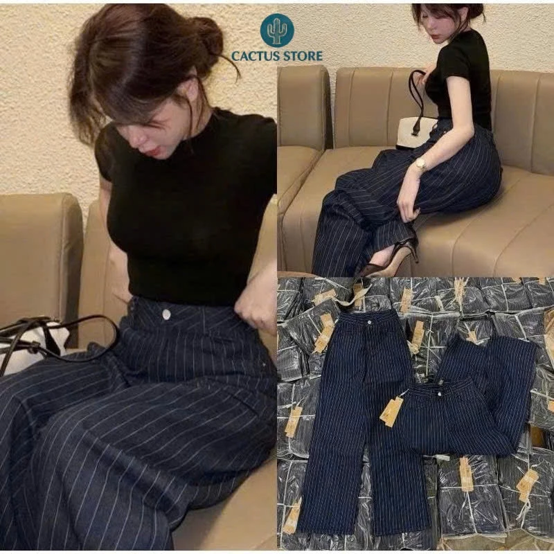 Quần jean ống rộng nữ  phối kẻ sọc màu xanh trend, vải jean mềm thoải mái