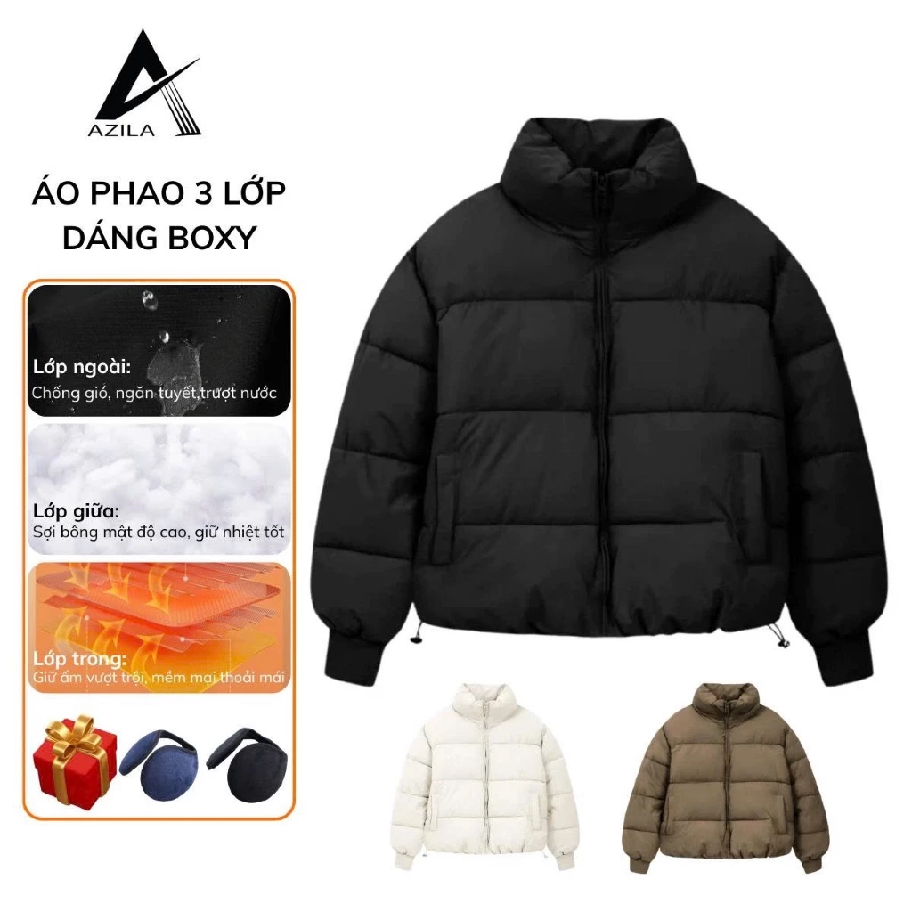 Áo Khoác Phao Nam Nữ AZILA Dáng Boxy Cổ Cao Phong Cách Hàn Quốc, Dày Dặn, Ấm Áp