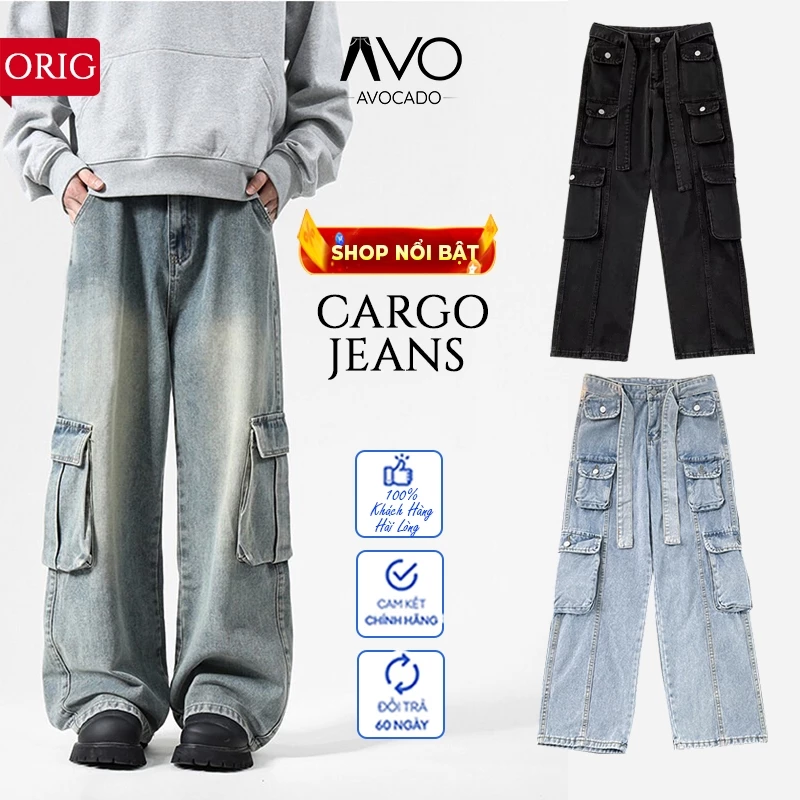 Quần jean nam nữ 8 túi hộp đai to Hiphop ống rộng xuông dài cargo pants Avocado