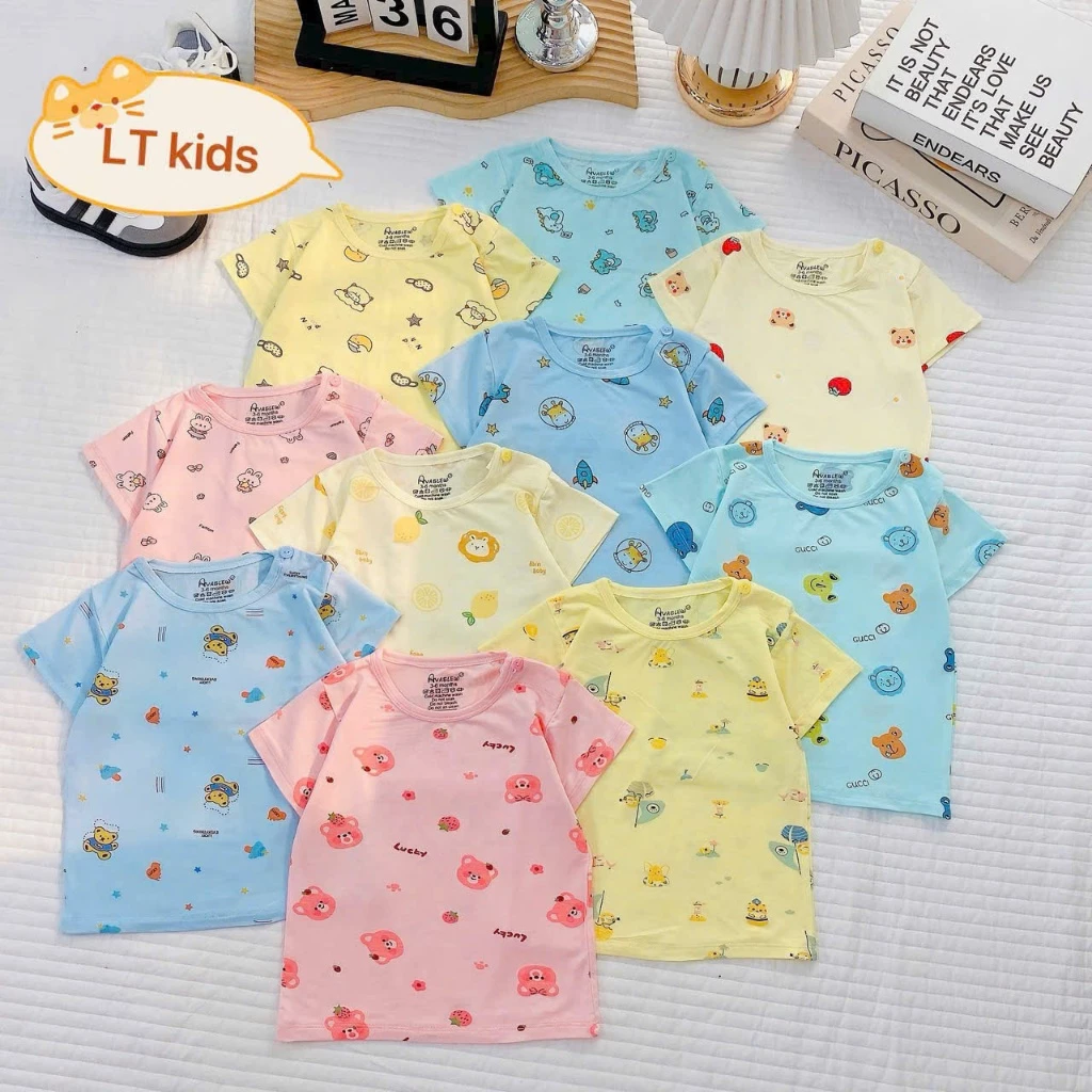[Loại Peptit] Set 5 áo cộc tay cài vai chất thun peptit mềm mát in hoạ tiết cho cả bé trai bé gái