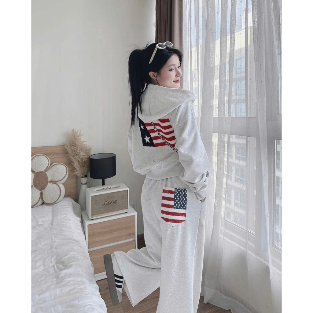 SET BỘ ĐỒ NỈ NỮ THU ĐÔNG CÓ NÓN IN LÁ CỜ MỸ THIẾT KẾ KHÓA KÉO ẤM ÁP