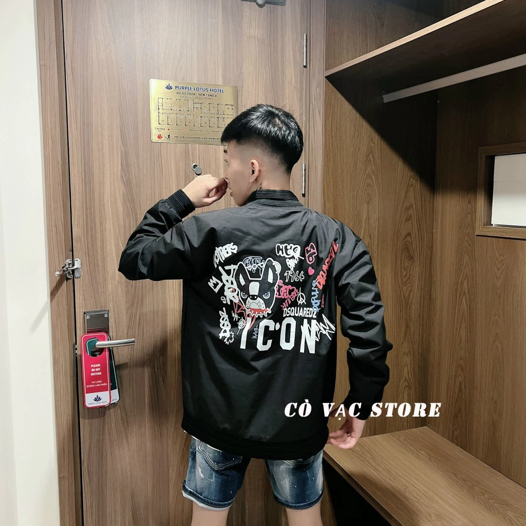 Áo khoác gió DSQ in hình Cún phong cách - Áo gió DSQ đủ mẫu chất gió 2 lớp phối khóa zip bạc xịn