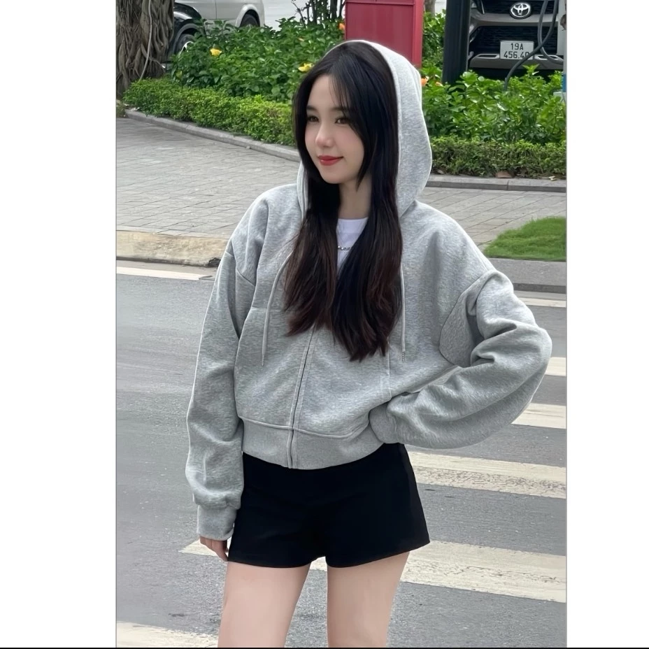 ÁO KHOÁC HOODIE NỈ TRƠN NỮ CÓ NÓN CROPTOP THIẾT KẾ KHÓA KÉO CHỐNG NẮNG TỐT