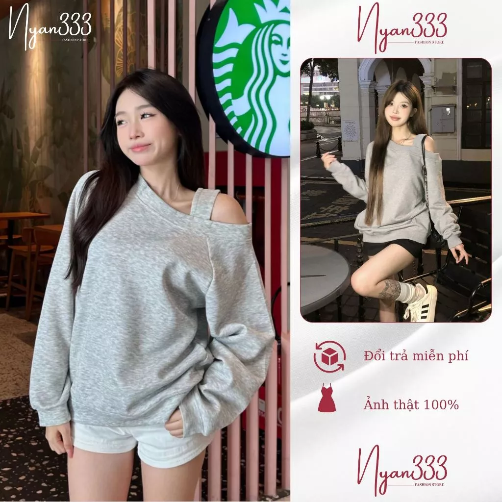 Áo Sweater Nỉ Trễ Vai Kiểu Nữ Dáng Lệch Vai Dáng Basic Mùa Thu Đông Dễ Thương AA