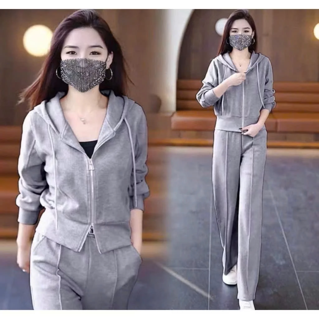 Set Đồ Bộ Thể Thao Nỉ Nữ Trơn Có Nón Thiết Kê Khóa Kéo Chất Nỉ DÀy Dặn