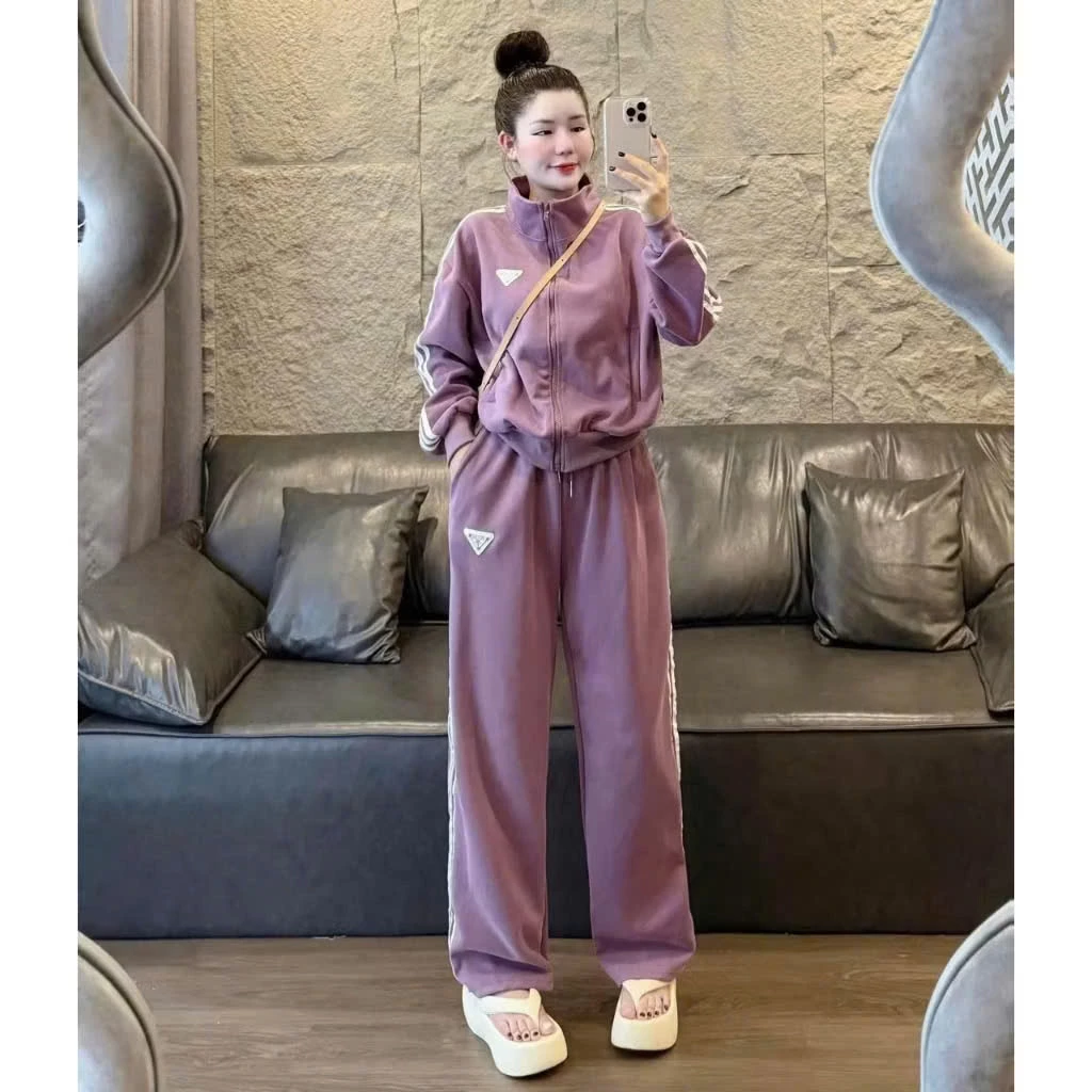 Set Bộ Đồ Nỉ Nữ Thu Đông Thêu Tam Giác TímForm Rộng Mùa Đông Ấm Áp