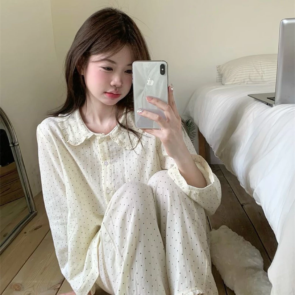 𝐂𝐡𝐚𝐫𝐥𝐨𝐭𝐭𝐞.𝐨𝐝_ Bộ Đồ Ngủ Cổ Sen Tay Dài Chấm Bi Đơn Giản Mặc Nhà Thường Ngày