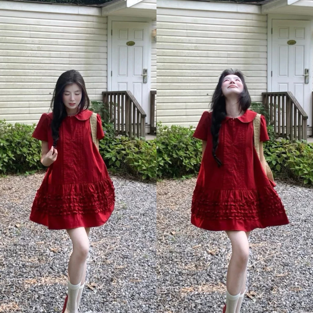 Đầm Đỏ Tết,Noel (KÈM DÂY CỘT EO),Đầm Babydoll Suông Giáng Sinh Phối Bèo Tầng Cổ Tròn Tiểu Thư Nữ Tính Nhẹ Nhàng Tôn Da