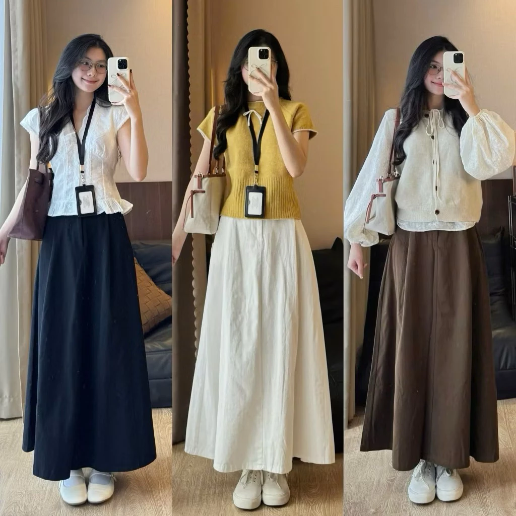 (ẢNH OLDSCHOOL) Chân váy kaki thô basic dáng dài xếp ly vintage CV003 MA03
