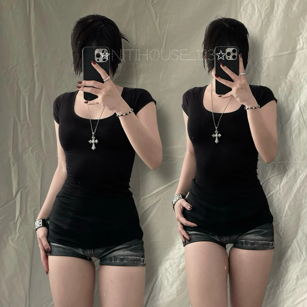 [ATN] Áo tay ngắn cộc cổ vuông thuyền chẻ sâu dáng dài y2k