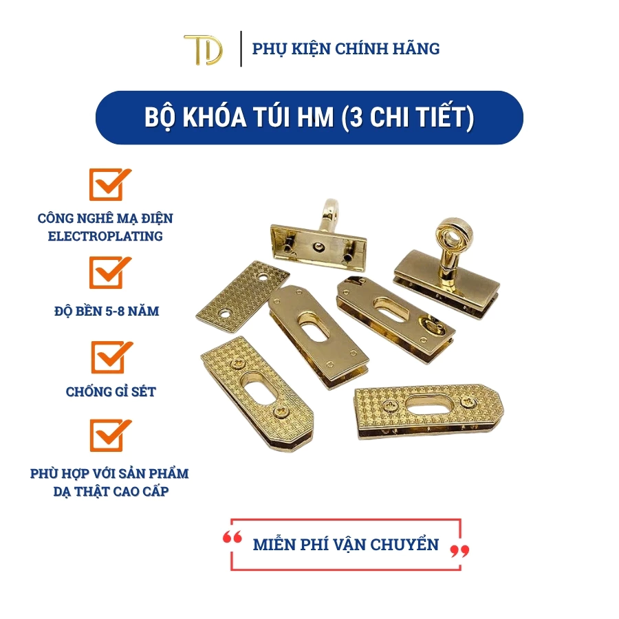 Bộ khóa túi HM kim loại 3 chi tiết, phụ kiện khóa túi xách kim loại làm túi handmade độ bền 5-8 năm
