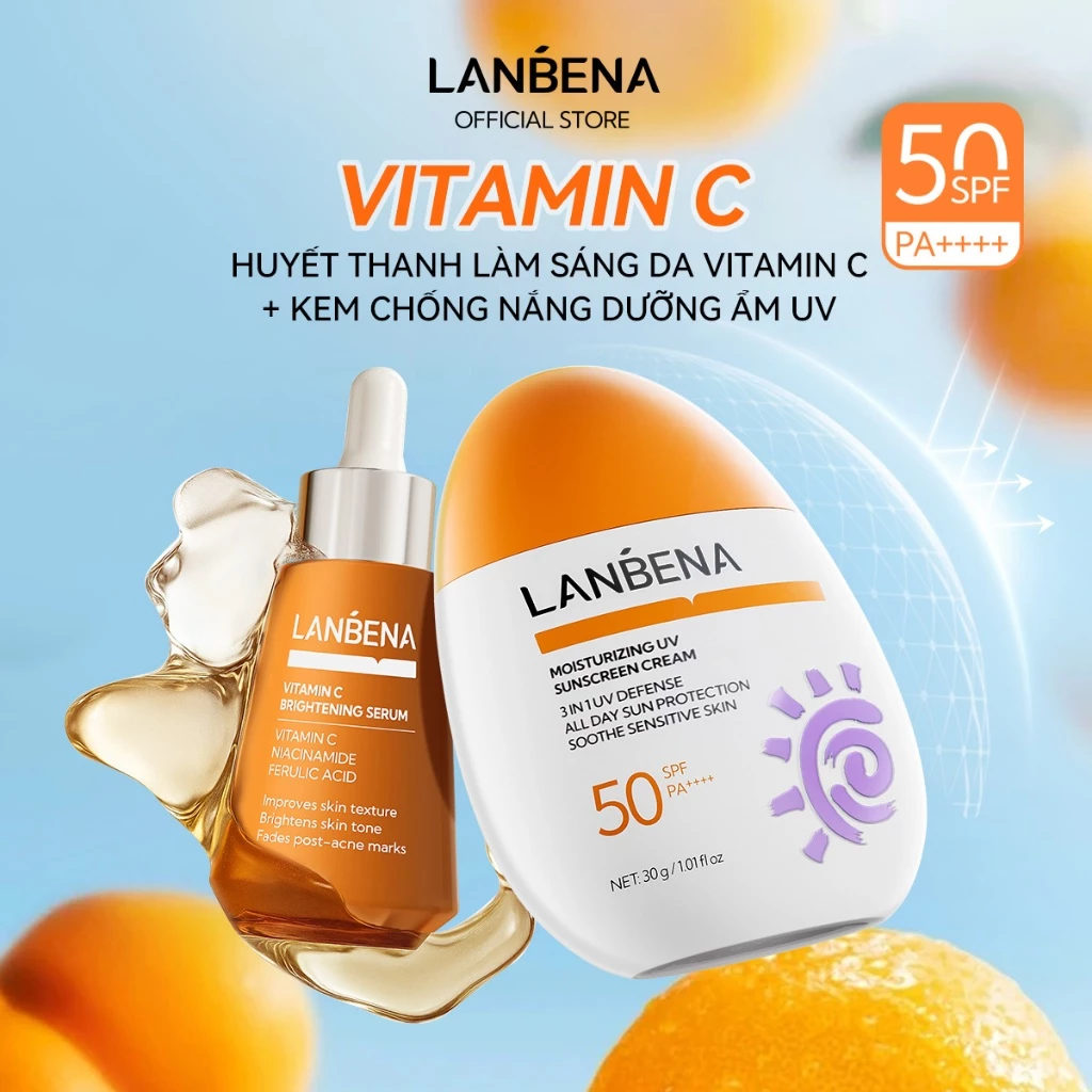 Live LANBENA Bộ kem chống nắng+serum(30ml+30g) -  Làm trắng sáng da và chống lão hóa với Vitamin C Niacinamide Skincare