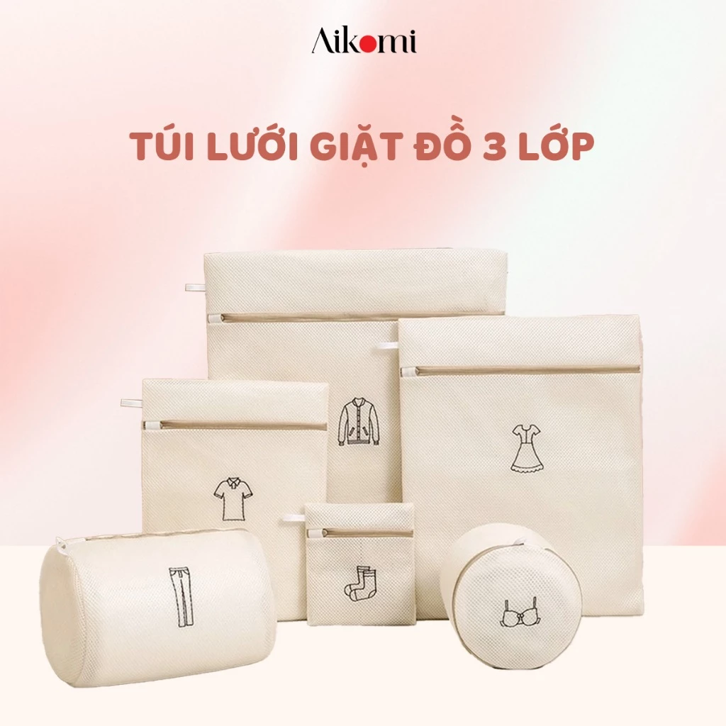 Túi Lưới Giặt Đồ 3 Lớp Aikomi Dày Cao Cấp Túi Giặt Bảo Vệ Quần Áo, Đồ Lót, Tất Vớ Cho Máy Giặt