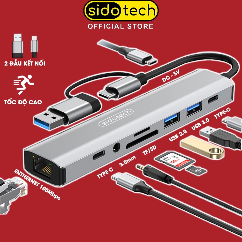 Hub type c usb 3.0 laptop macbook SIDOTECH UT9D cổng chia 2 đầu 9 port chuyển đổi mở rộng usb thẻ nhớ TF SD lan mạng 3.5