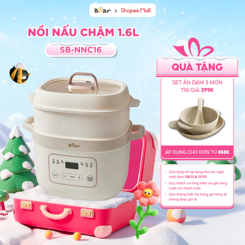 Nồi Nấu Cháo Chậm BEAR 1.6L 6 Chế Độ Nồi Chưng Yến Nồi Nấu Chậm Giữ Chất Dinh Dưỡng Nồi Nấu Cháo Cho Bé Ăn Dặm SB-NNC16
