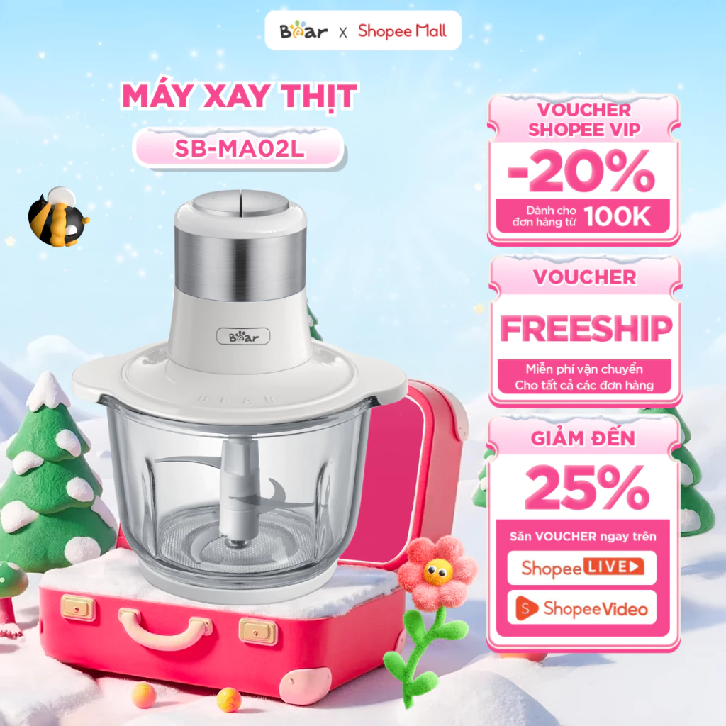 Máy Xay Thịt Đa Năng Bear 2L Cối Thủy Tinh Xay Thịt Cá Rau Củ Cực Nhuyễn Chống Ồn Dễ Vệ Sinh Công Suất 300W - SB-MA02L