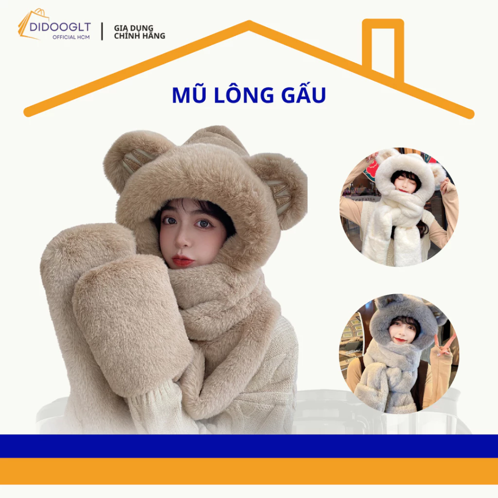 Mũ lông tai gấu trùm đầu thời trang kèm khăn quàng cổ găng tay giữ ấm mùa đông (DIDOOGLT)