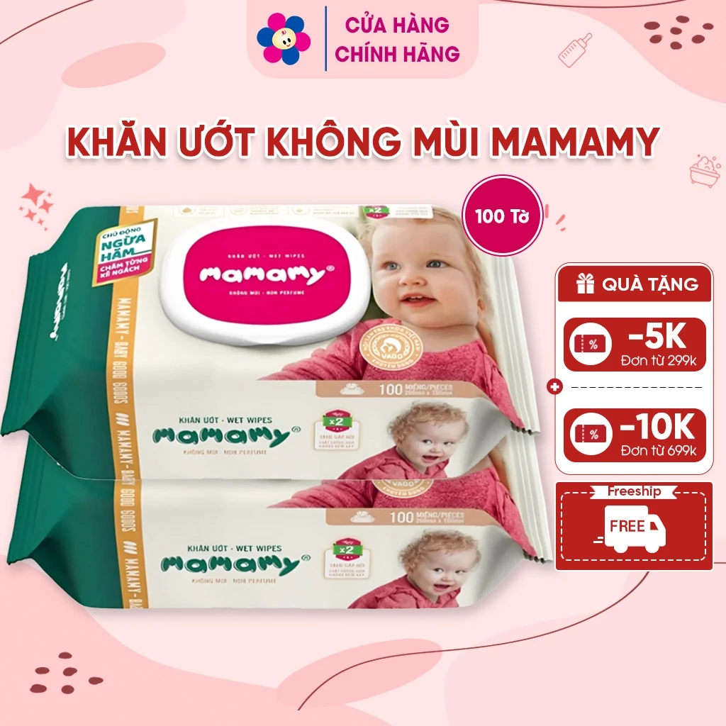 Khăn Ướt Cho Bé Mamamy (100 Tờ) Không Mùi - Cao Cấp - Sợi Tự Nhiên Gấp Đôi - Ngừa Hăm - Mềm Dai Sạch