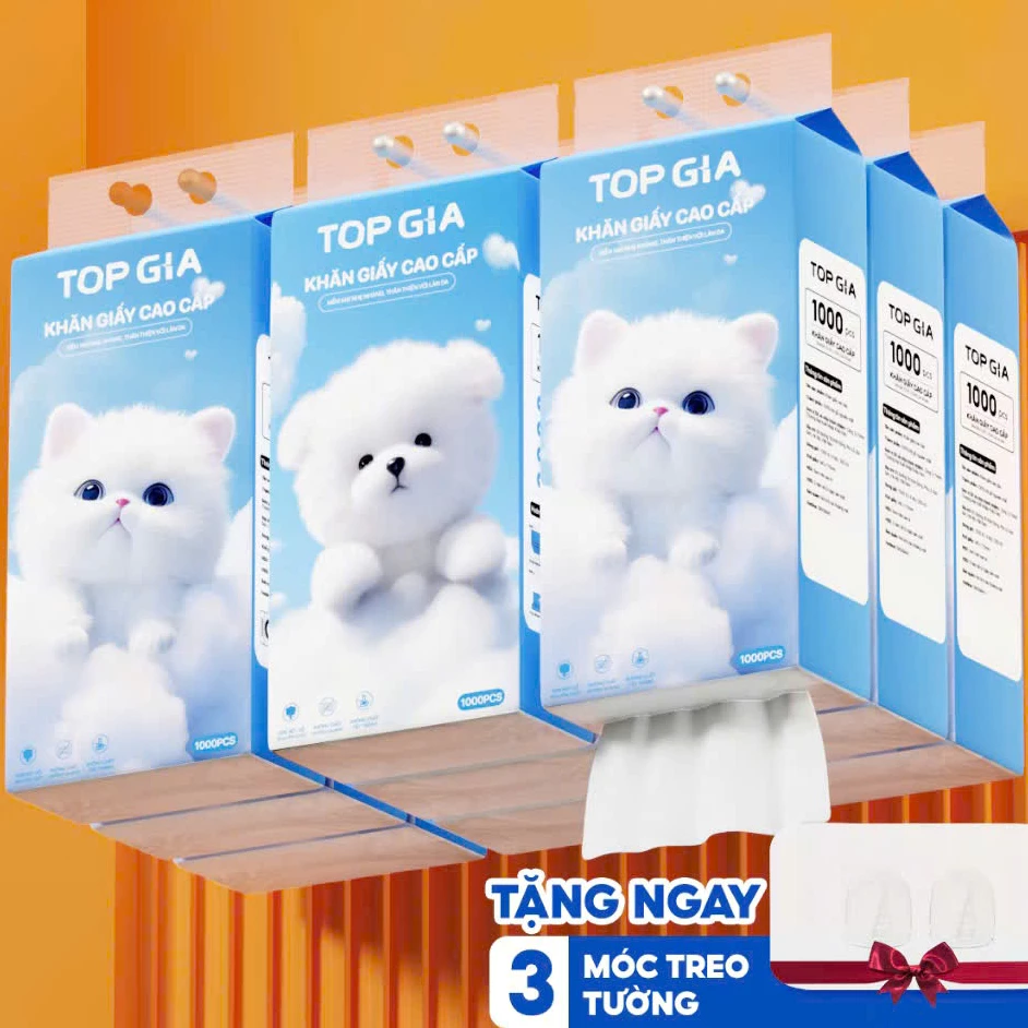Thùng 10 gói Khăn giấy rút treo tường Top Gia, giấy vệ sinh treo tường 1000 tờ 4 lớp tặng móc treo GIA GIA