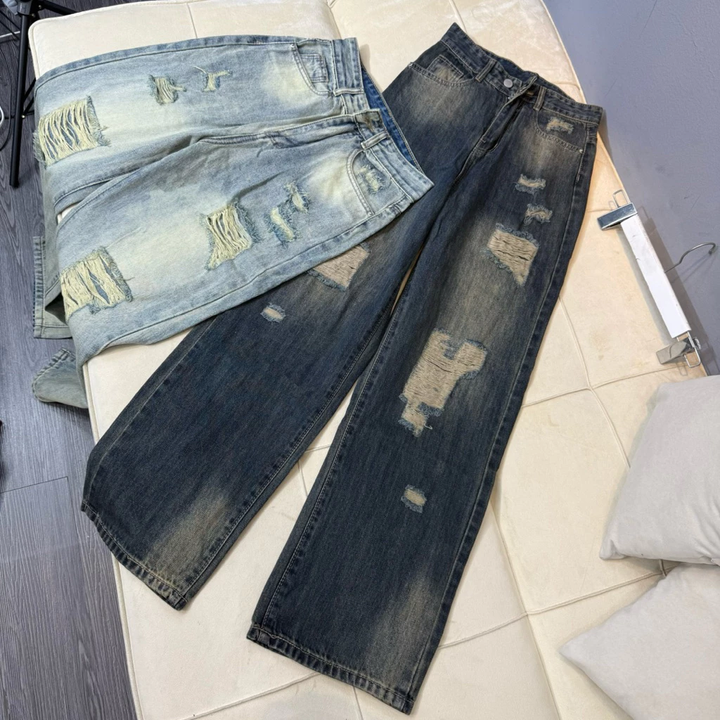 ( 102cm ) Quần jean suông dài rách loang . Đủ Size ( S M L ) Shop Nhí ( 7244 )