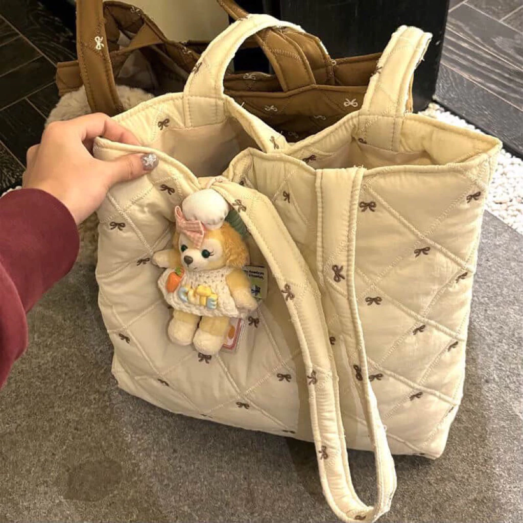 Túi Tote Nơ đeo một vai cho nữ chần phao có khuy bấm nhẹ mang đi chơi, đi học đi làm du lịch đều tiện lợi