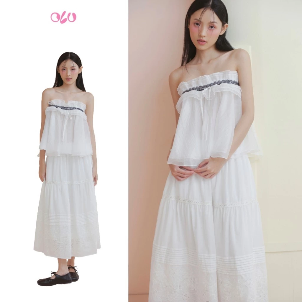 Áo ống OLV cúp ngực bèo nữ tính tiểu thư White Chiffon Ruffled Cup Top phù hợp đi chơi